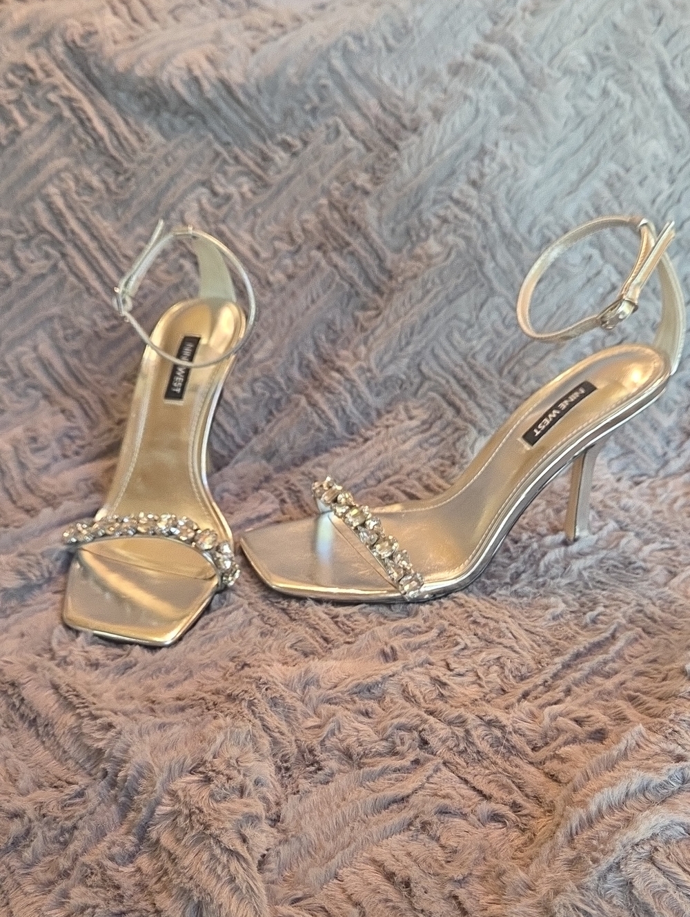 Nine West Silver Crystal-Ankle Strap Square Toe Heels